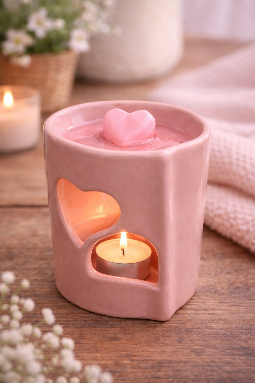 Brûle-parfum en céramique rose avec un fondant parfumé en forme de cœur