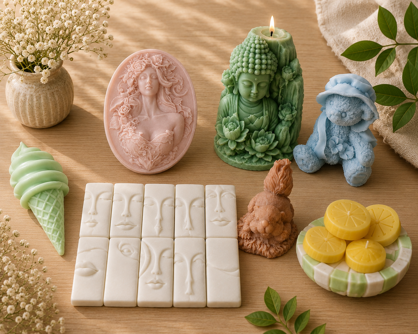 Sélection de fondants parfumés et bougies artisanales Résinia'S pour créer une ambiance parfumée dans chaque intérieur.