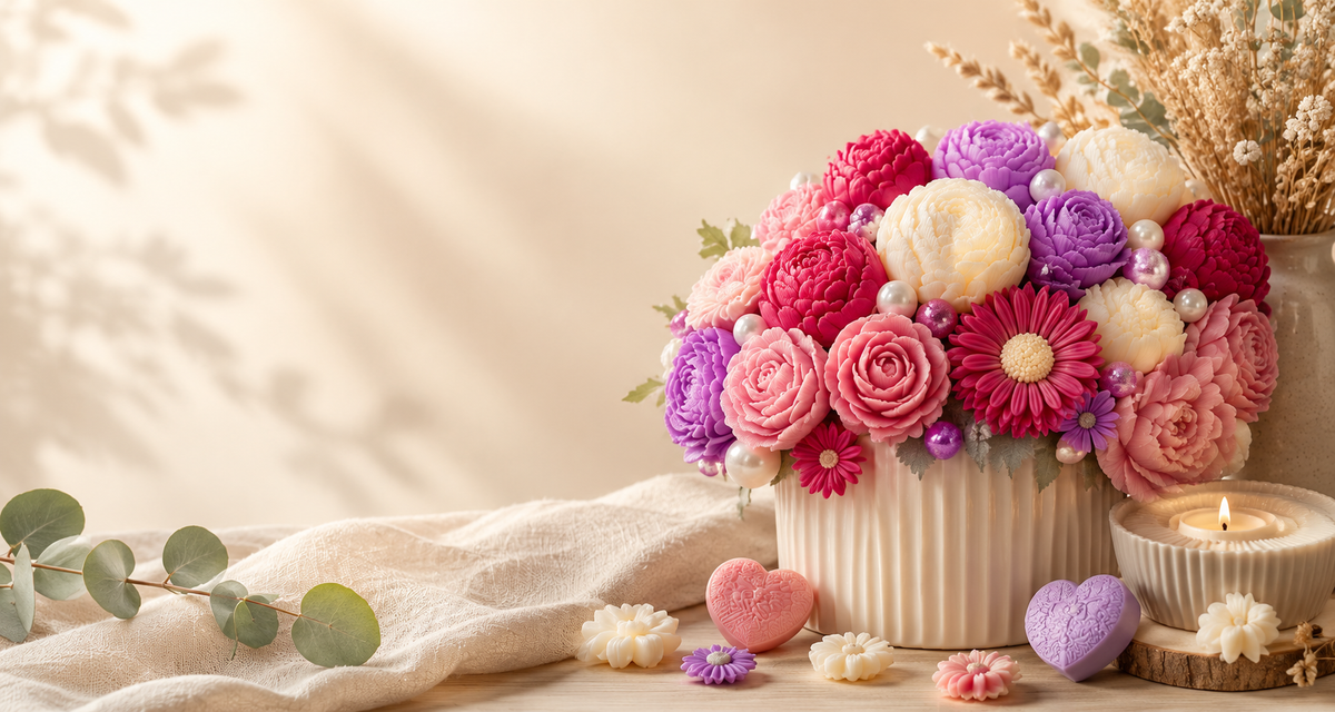 Bouquet de fondants parfumés artisanaux roses, violets et ivoire